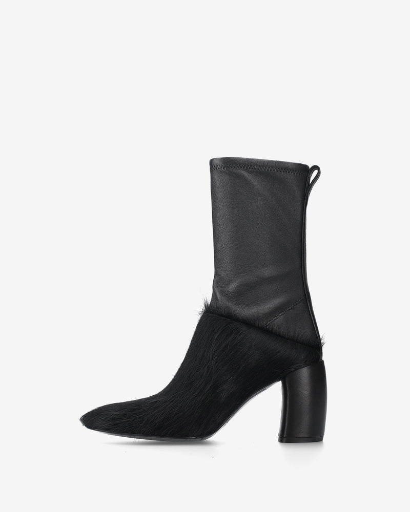 Black leather and ponyhide ankle boots